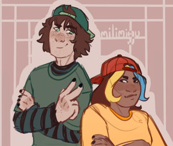 two teens with backwards baseball caps side by side, smirking at each other