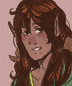 a concerned looking elf with kind eyes and ram horns