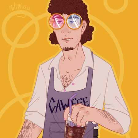 a friendly looking man with a mullet holding an iced coffee