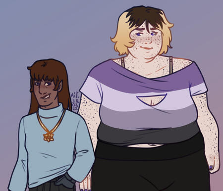 a short brown vampire with a star of david necklace smiles crookedly sideways and up at a tall plus size freckled white woman with hair dyed brown and an ace colored t-shirt.