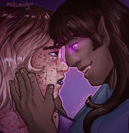 a purple eyed vampire holds a fat blonde freckled woman's face as they touch noses.