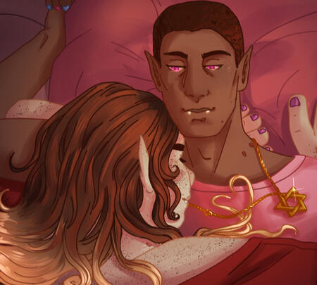 a softly shaded image of two vampires resting together