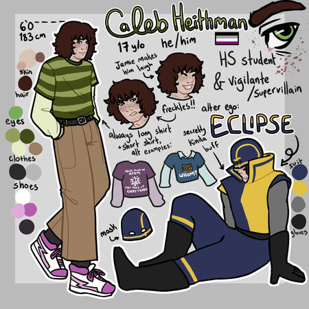 a clean drawing of a boy, some alternate outfits, and basic info